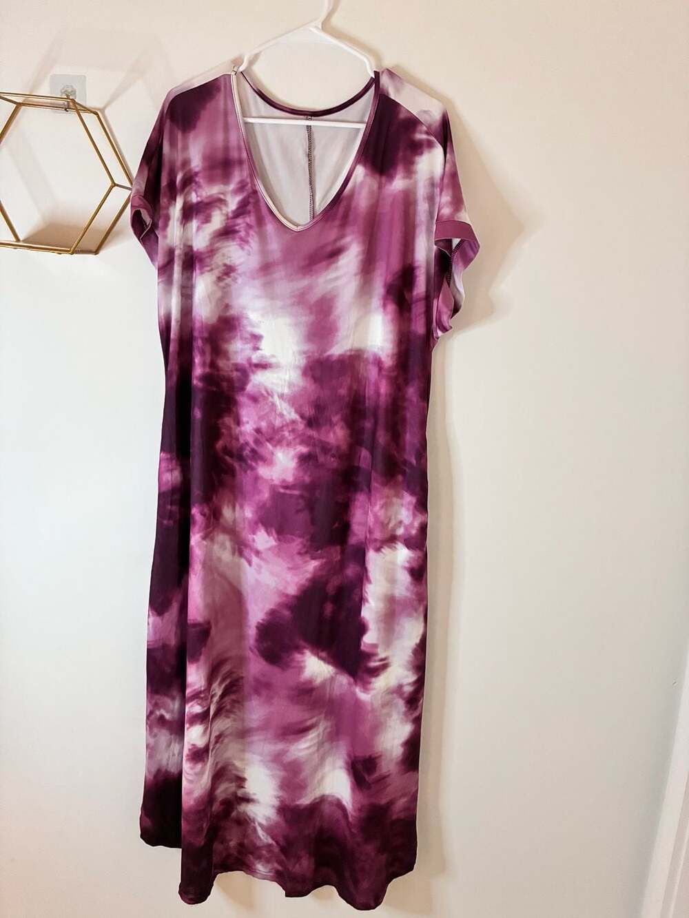 Women’s Tie-Dye V-Neck Maxi Dress Maroon White Pockets Short Sleeve XL